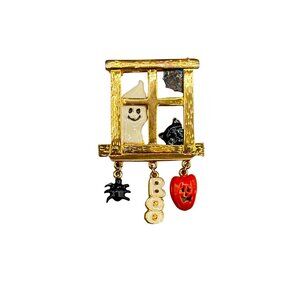 Halloween Ghost & Pumpkin Window Pin Brooch with Charms Boo Spider Holiday Pin